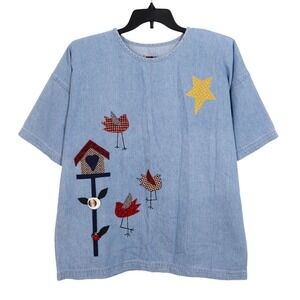 Sun Belt Denim Shirt Large Vintage 90s Embroidered Folk Art Cotton USA Made